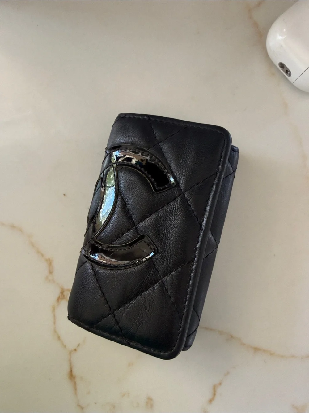 CHANEL Black Quilted Leather Trifold key Wallet with Glossy CC